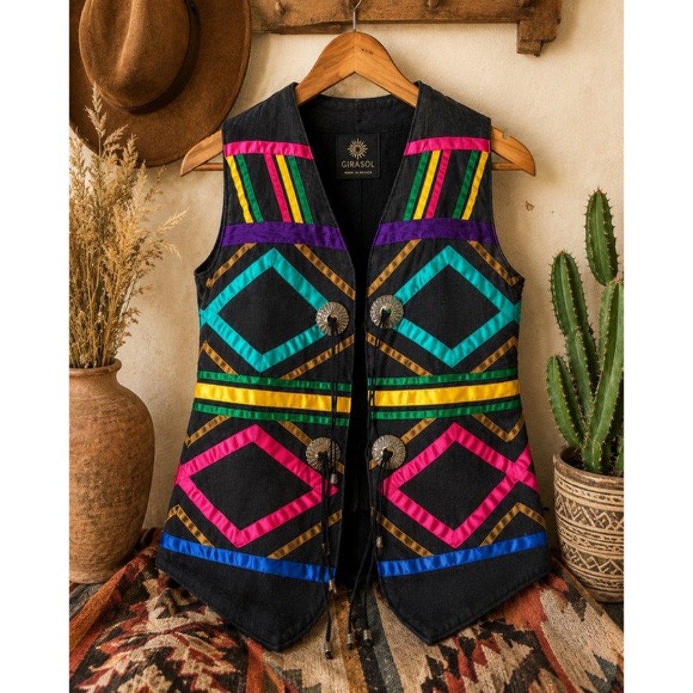 Vintage Girasol Mexican Folk Art Vest Concho Ribbon Boho Festival Western Medium